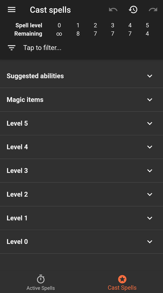 See how many spells are available to cast at each level