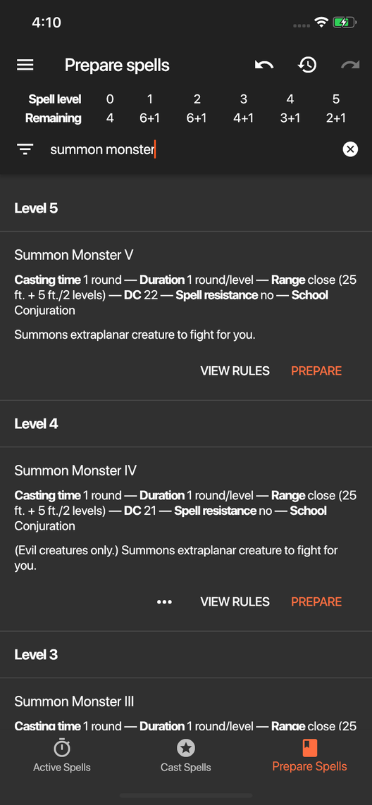 Spell Tracker for Pathfinder 1e screenshot showing the prepare spells screen